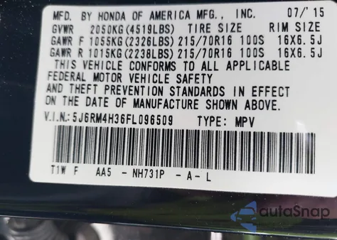2015 Honda Cr-V Lx from USA, damaged, VIN 5J6RM4H36FL096509